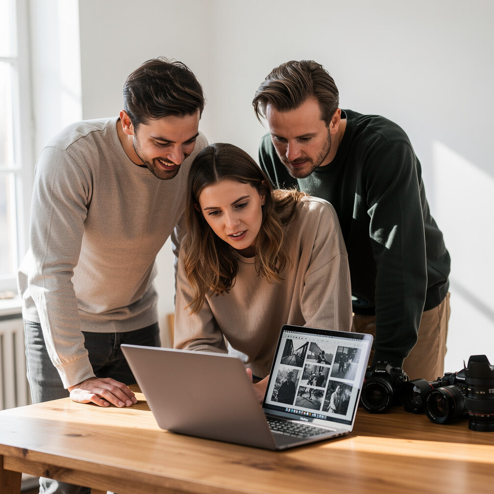 Small team of photographers reviewing photos together