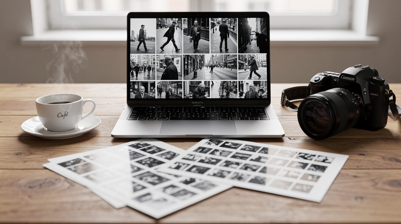 Photo editor working on documentary images at a desk